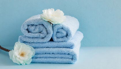 Obraz na płótnie Canvas Spa Towels in a Neat Stack on a Peaceful Blue Background