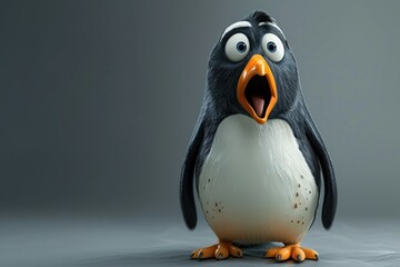 A surprised cartoon penguin with wide eyes and an open beak. - obrazy, fototapety, plakaty