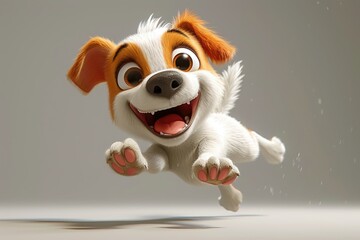 A happy cartoon dog mid-leap with fluffy white fur and orange patches.