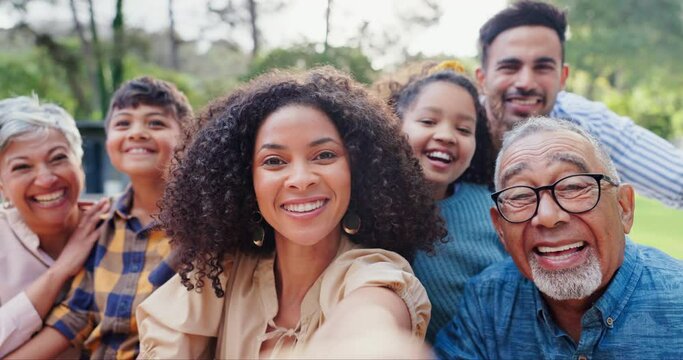 Happy family, face and selfie on garden in nature, generations and love for bonding together on vacation. Parents, kids or elders with care in portrait in countryside, excited or travel for wellness