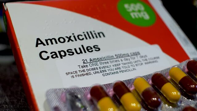 Amoxicillin Capsules - Medication Box, revealing crucial dosage information for effective healthcare management. Perfect for conveying essential medical details in healthcare visuals.