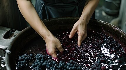 The winemaker's hands are stained purple as the juice flows freely from the crushed grapes.