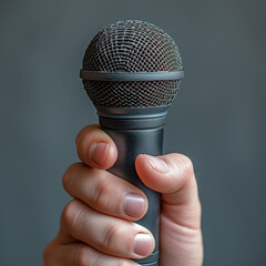 A photorealistic image of a human hand holding a classic dynamic microphone