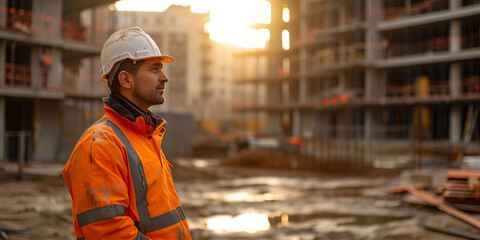 Construction worker standing in front of unfinished building