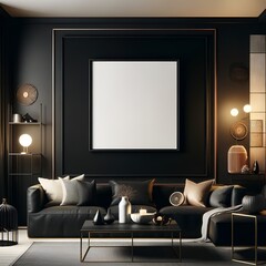 Opulent Black-Themed Living Room Featuring Large Wall Frame, Designer Leather Couch & Chic Metallic Accents - Get Inspired by This Sophisticated Space for Art Lovers Seeking Luxury Home Decor I