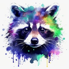 sticker watercolor colorful raccoon clipart, isolated on white background.