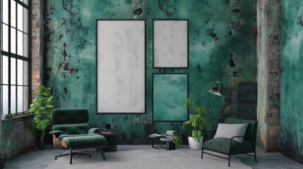 Blank photo frame mockup on green wall. Emerald living room design. Home staging and minimalism concept
