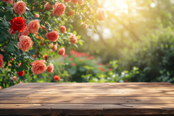 an empty boardwalk on the background of a blooming garden with red roses. display your product outdoors.