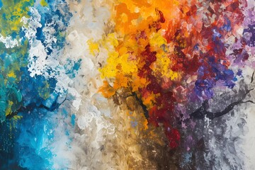 Abstract interpretation of the four seasons, showcasing a fusion of colors and textures to depict the transition from spring to winter, capturing nature's cycles.