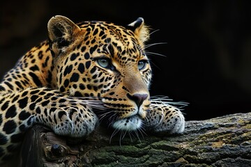 Naklejka premium A leopard resting on a log against a black background.