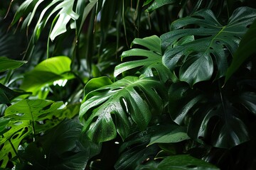 Group background of dark green tropical leaves, Panorama background. concept of nature.