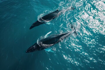 Fototapeta premium Top view of powerful whales swimming in blue ocean water near the surface on a sunny day