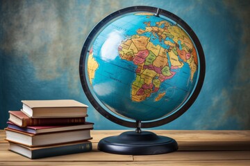 Educational essentials. globe, books, and colorful stationery on blackboard background