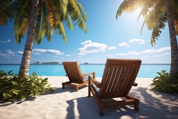 Tropical getaway. white sand beach, turquoise ocean, palm leaves frame, relaxation haven