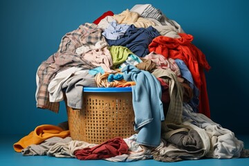 Dirty laundry piled up next to washing machine, symbolizing laundry and cleanliness concept - obrazy, fototapety, plakaty