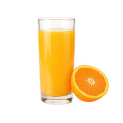 glass of 100% fresh organic mandarin orange juice with sacs and sliced fruits png isolated on white background with clipping path. selective focus