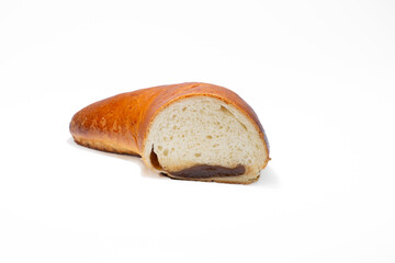 Horn with jam in section on a white background. Horn bun from Berdyansk bakery