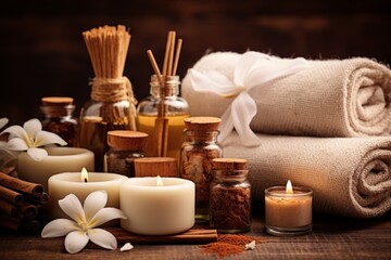 Fototapeta na wymiar Serenity spa. rejuvenate and relax with soft towels, aromatic herbal bags, and beauty essentials