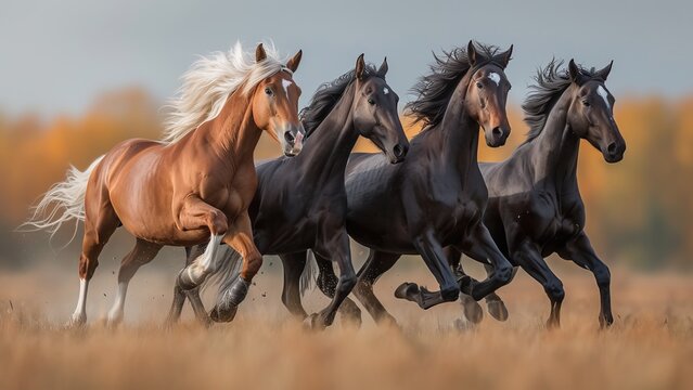 Beautiful Horses Running Wild in Field - Wildlife Photography, Stallions