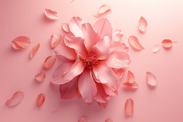Top view pink rose petals with decorated on pink petals background, Flat lay minimal