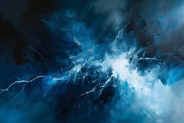 Abstract art piece capturing the essence of a thunderstorm, with electric blues and stark whites clashing against a dark backdrop, evoking atmospheric intensity.