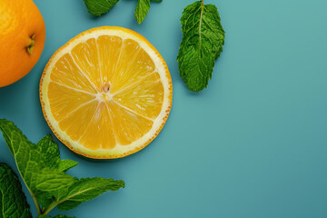 Top view slices of lemon and mint leaves on blue background, Flat lay minimal fashion summer holiday concept. 
