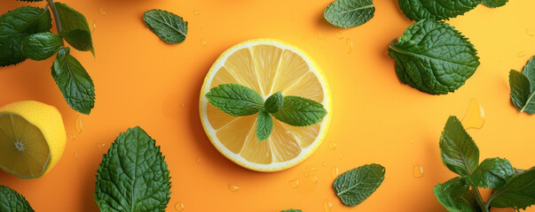 Top view slices of lemon and mint leaves on orange background, Flat lay minimal fashion summer holiday concept. 