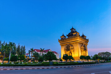 Vientiane Laos, night city skyline at Patuxai (Patuxay) the most famous landmark in Vientiane - 729807557