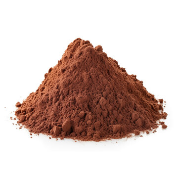 close up pile of finely dry organic fresh raw cacao nibs powder isolated on white background. bright colored heaps of herbal, spice or seasoning recipes clipping path. selective focus