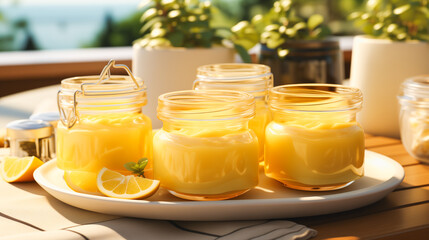 Delicious lemon curd in glass jars with fresh fruits close-up on a table, lifestyle photo