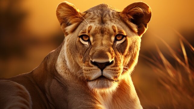 A regal lioness in the golden light of the savan