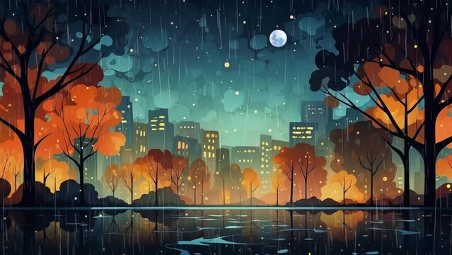 abstract autumn rain background in the night city. seamless looping overlay 4k virtual video animation background 