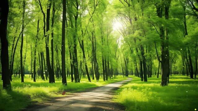 beautiful green summer forest. spring background. path in the forest. seamless looping overlay 4k virtual video animation background 