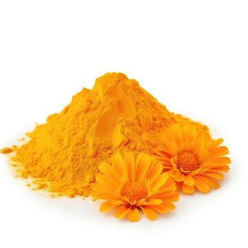 close up pile of finely dry organic fresh raw calendula flower powder isolated on white background. bright colored heaps of herbal, spice or seasoning recipes clipping path. selective focus
