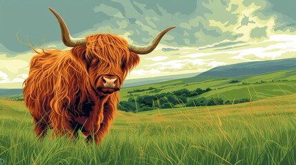 In this digital artwork, you can see a shaggy Highland cow standing gracefully in a sunlit meadow with a brilliant blue sky in the background.