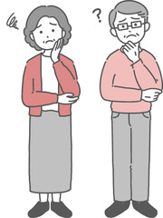 思い悩む表情のシニア世代男女のシンプルなイラスト
