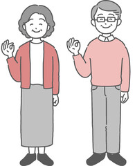 OKとハンドサインを作るシニア世代男女のシンプルなイラスト

