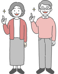 指差しをするシニア世代男女のシンプルなイラスト
