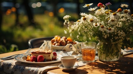 Fototapeta premium A picnic in a sunlit meadow surrounded by wildflowers, offering a perfect setting for friends and family to enjoy the leisurely days of summer.