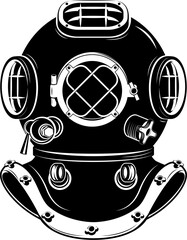 Old style diver helmet isolated on white background. Design element for t-shirt print, poster, emblem. Vector illustration.
