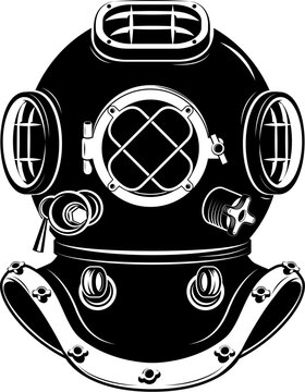 recommend clip art: Old style diver helmet isolated on white background. Design element for t-shirt print, poster, emblem. Vector illustration.