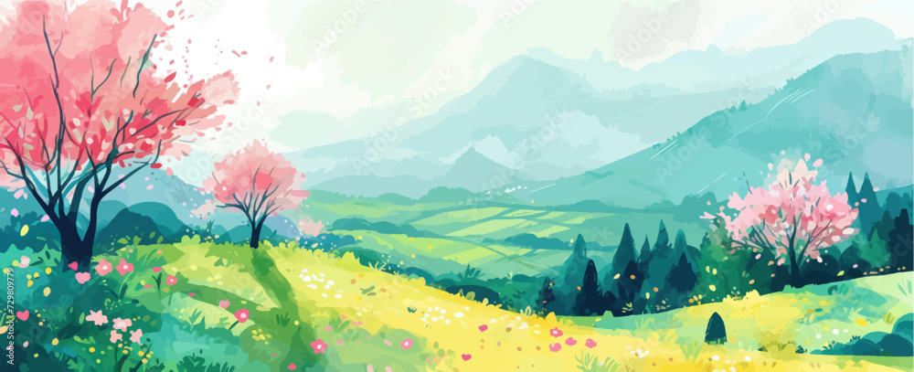 Wall mural Rural spring landscape with a river and green meadows. Vector watercolor illustration.