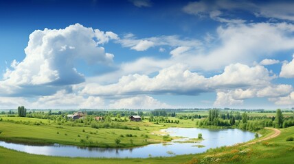 A picturesque Russia summer panorama, highlighting lush green fields, a vibrant blue sky, and fluffy white clouds, capturing the essence of a peaceful and idyllic countryside