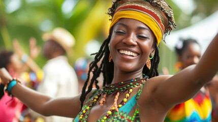A Caribbean woman is dancing to reggae music at a festival in Jamaica