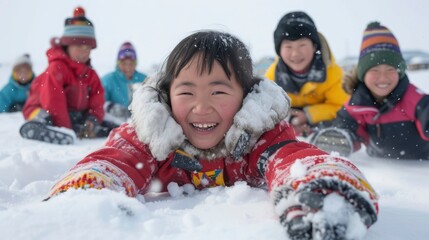 A group of Inuit children are playing a traditional game in the snow in Nunavut, Canada
