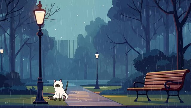 cartoon anime illustration style. rainy day park raining public park seamless looping overlay 4k virtual video animation background 