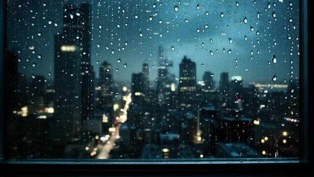 window with drops of night rain in a city. City view through a window on a rainy night with rain drops and bokeh light. seamless looping overlay 4k virtual video animation background 