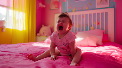 A baby cries while sitting on a pink bed in a brightly colored nursery filled with sunlight.
