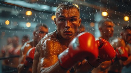 Fototapeta na wymiar Focused Young Boxer Training Intensely in a Crowded Gym