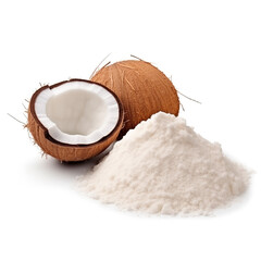 close up pile of finely dry organic fresh raw coconut powder isolated on white background. bright colored heaps of herbal, spice or seasoning recipes clipping path. selective focus - obrazy, fototapety, plakaty